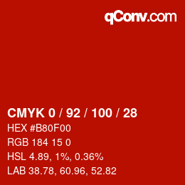 カラーコード: CMYK 0 / 92 / 100 / 28 | qconv.com