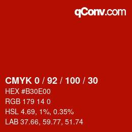颜色代码: CMYK 0 / 92 / 100 / 30 | qconv.com