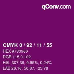 カラーコード: CMYK 0 / 92 / 11 / 55 | qconv.com