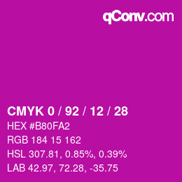カラーコード: CMYK 0 / 92 / 12 / 28 | qconv.com