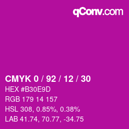 カラーコード: CMYK 0 / 92 / 12 / 30 | qconv.com