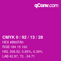 カラーコード: CMYK 0 / 92 / 13 / 28 | qconv.com