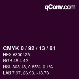 カラーコード: CMYK 0 / 92 / 13 / 81 | qconv.com