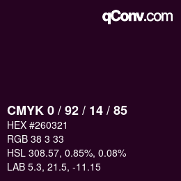 カラーコード: CMYK 0 / 92 / 14 / 85 | qconv.com