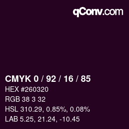 カラーコード: CMYK 0 / 92 / 16 / 85 | qconv.com