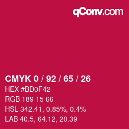 カラーコード: CMYK 0 / 92 / 65 / 26 | qconv.com