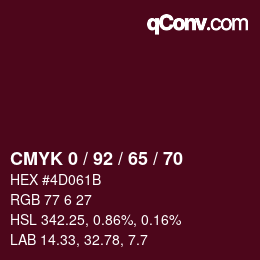 カラーコード: CMYK 0 / 92 / 65 / 70 | qconv.com