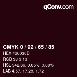 カラーコード: CMYK 0 / 92 / 65 / 85 | qconv.com