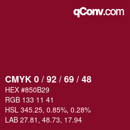 カラーコード: CMYK 0 / 92 / 69 / 48 | qconv.com