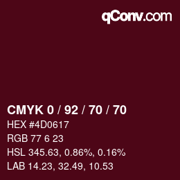 カラーコード: CMYK 0 / 92 / 70 / 70 | qconv.com