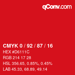 カラーコード: CMYK 0 / 92 / 87 / 16 | qconv.com