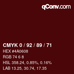 颜色代码: CMYK 0 / 92 / 89 / 71 | qconv.com
