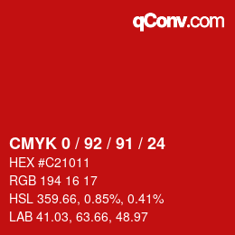 カラーコード: CMYK 0 / 92 / 91 / 24 | qconv.com