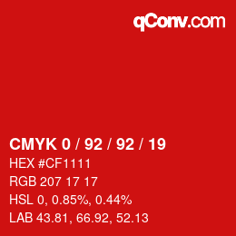 Farbcode: CMYK 0 / 92 / 92 / 19 | qconv.com
