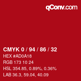 颜色代码: CMYK 0 / 94 / 86 / 32 | qconv.com