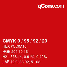 カラーコード: CMYK 0 / 95 / 92 / 20 | qconv.com