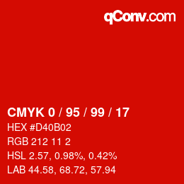 カラーコード: CMYK 0 / 95 / 99 / 17 | qconv.com