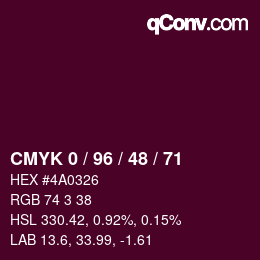 カラーコード: CMYK 0 / 96 / 48 / 71 | qconv.com