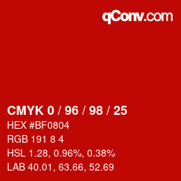 Farbcode: CMYK 0 / 96 / 98 / 25 | qconv.com