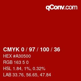 カラーコード: CMYK 0 / 97 / 100 / 36 | qconv.com