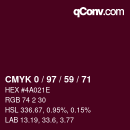 Farbcode: CMYK 0 / 97 / 59 / 71 | qconv.com