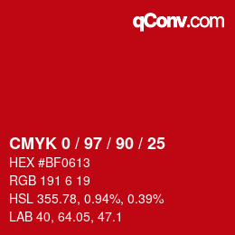 颜色代码: CMYK 0 / 97 / 90 / 25 | qconv.com