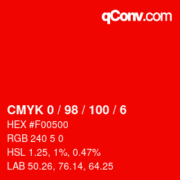 Color code: CMYK 0 / 98 / 100 / 6 | qconv.com