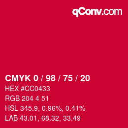 颜色代码: CMYK 0 / 98 / 75 / 20 | qconv.com