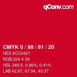 カラーコード: CMYK 0 / 98 / 81 / 20 | qconv.com