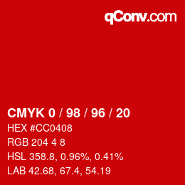 カラーコード: CMYK 0 / 98 / 96 / 20 | qconv.com