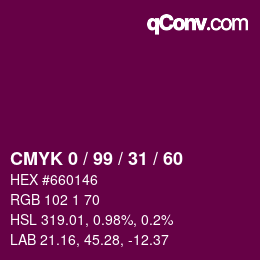 Farbcode: CMYK 0 / 99 / 31 / 60 | qconv.com