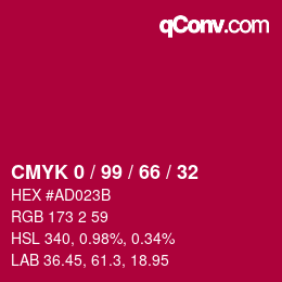 Color code: CMYK 0 / 99 / 66 / 32 | qconv.com