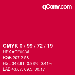 Farbcode: CMYK 0 / 99 / 72 / 19 | qconv.com