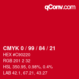 颜色代码: CMYK 0 / 99 / 84 / 21 | qconv.com