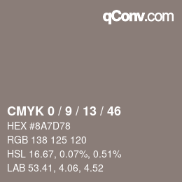 カラーコード: CMYK 0 / 9 / 13 / 46 | qconv.com