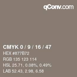 Code couleur: CMYK 0 / 9 / 16 / 47 | qconv.com