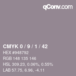 カラーコード: CMYK 0 / 9 / 1 / 42 | qconv.com