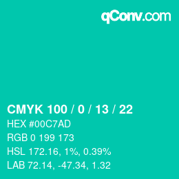 カラーコード: CMYK 100 / 0 / 13 / 22 | qconv.com