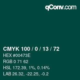 Color code: CMYK 100 / 0 / 13 / 72 | qconv.com