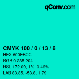 カラーコード: CMYK 100 / 0 / 13 / 8 | qconv.com