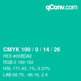 颜色代码: CMYK 100 / 0 / 14 / 26 | qconv.com