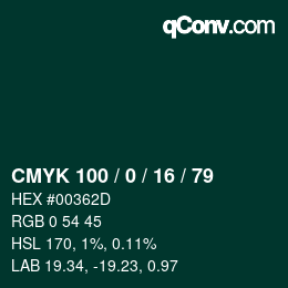 カラーコード: CMYK 100 / 0 / 16 / 79 | qconv.com