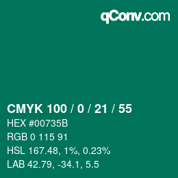 カラーコード: CMYK 100 / 0 / 21 / 55 | qconv.com