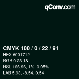 Farbcode: CMYK 100 / 0 / 22 / 91 | qconv.com