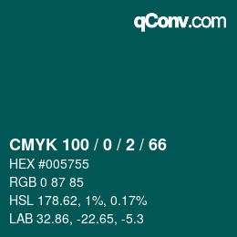 Farbcode: CMYK 100 / 0 / 2 / 66 | qconv.com