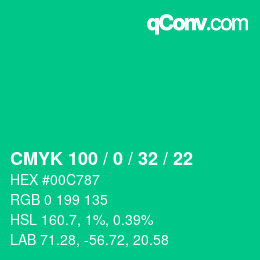カラーコード: CMYK 100 / 0 / 32 / 22 | qconv.com