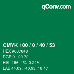 カラーコード: CMYK 100 / 0 / 40 / 53 | qconv.com