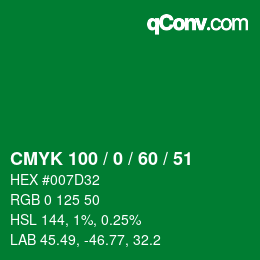 カラーコード: CMYK 100 / 0 / 60 / 51 | qconv.com