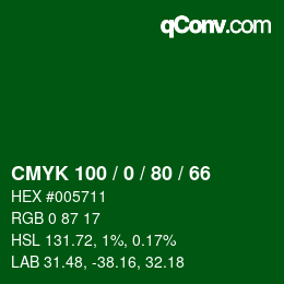 颜色代码: CMYK 100 / 0 / 80 / 66 | qconv.com