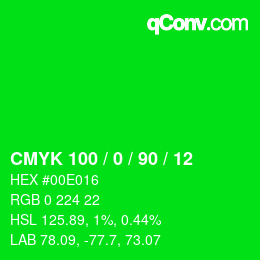 颜色代码: CMYK 100 / 0 / 90 / 12 | qconv.com